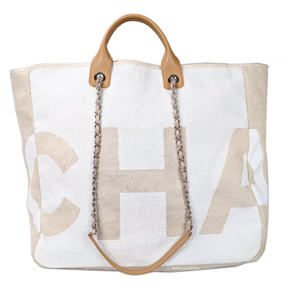 CHANEL Handbags - SOLD Chanel 18P Beige Canvas Large  Deauville Tote